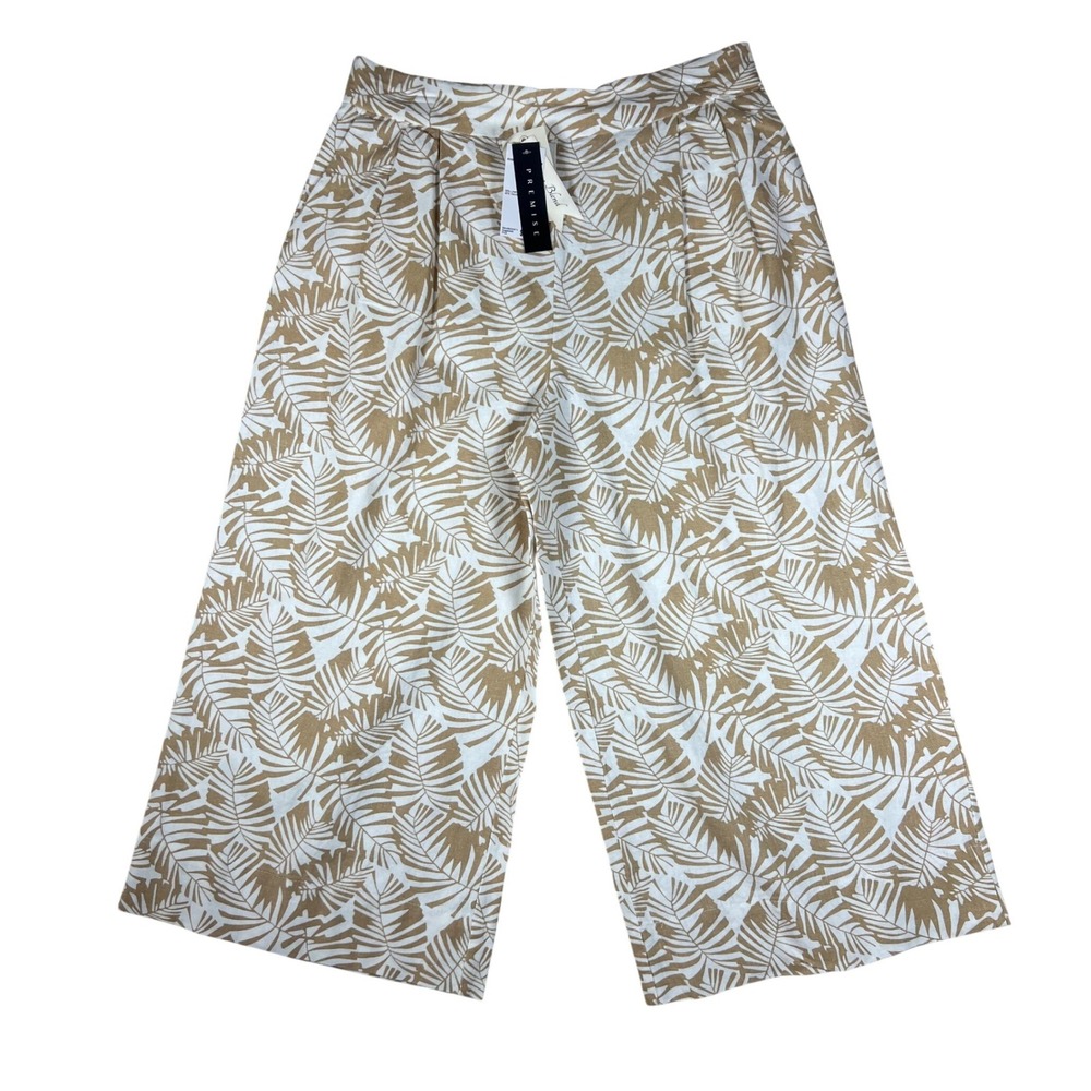 Premise Womens Linen Blend Wide Leg Cropped Pants Coastalβ Palm Leaf Print NWT